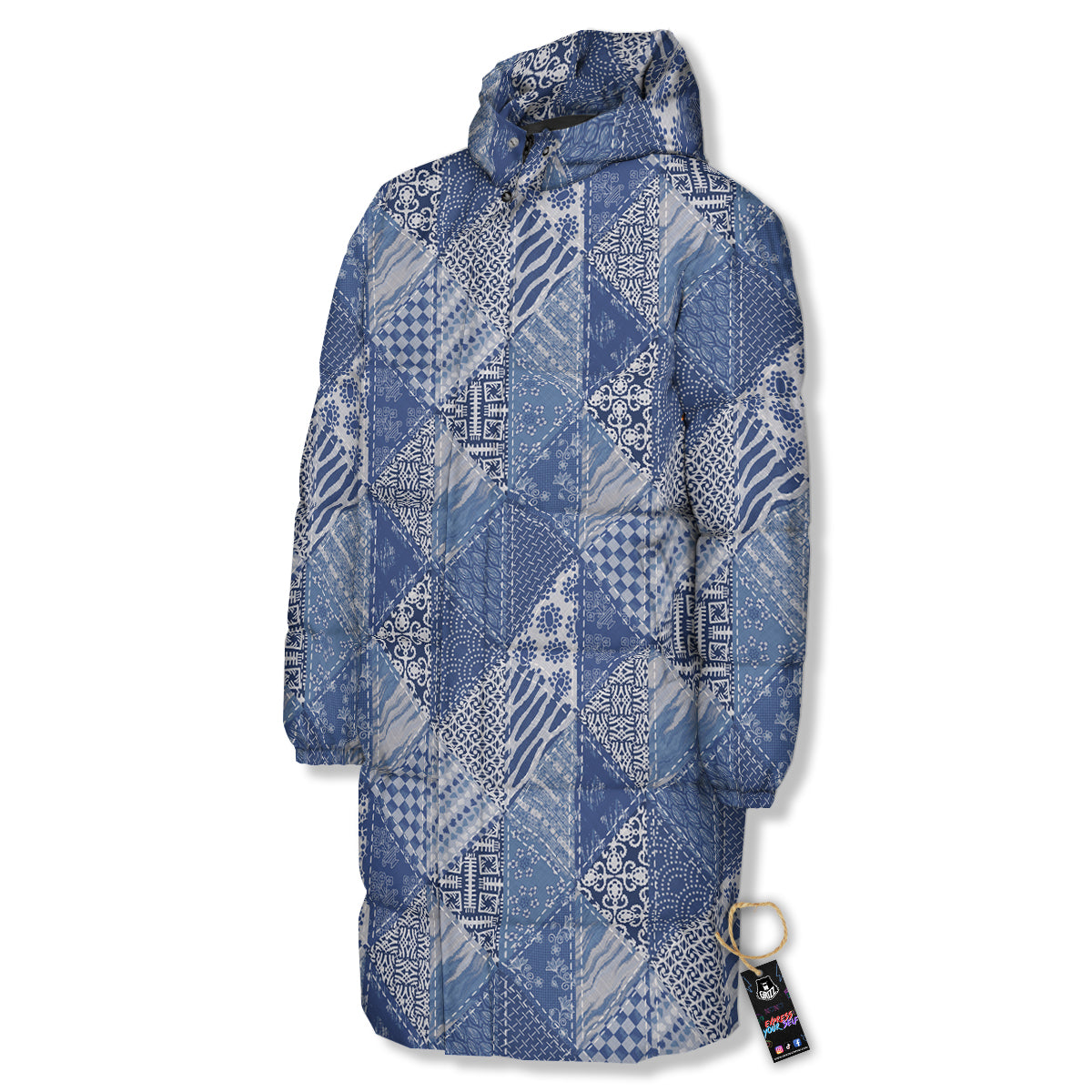 Patchwork Blue Denim Print Pattern Long Down Jacket-grizzshop