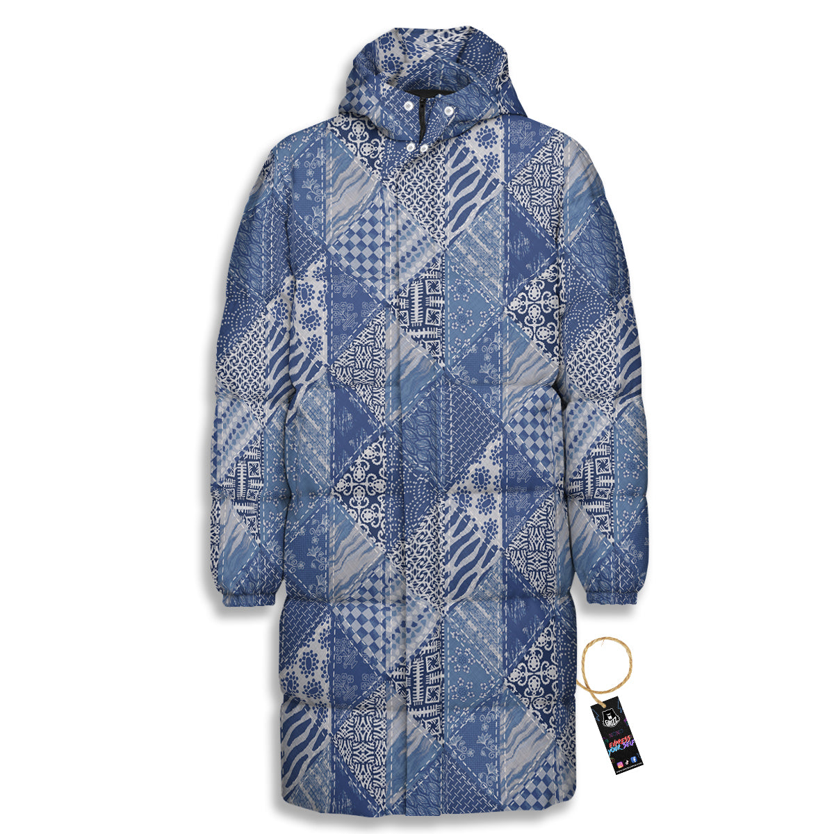 Patchwork Blue Denim Print Pattern Long Down Jacket-grizzshop