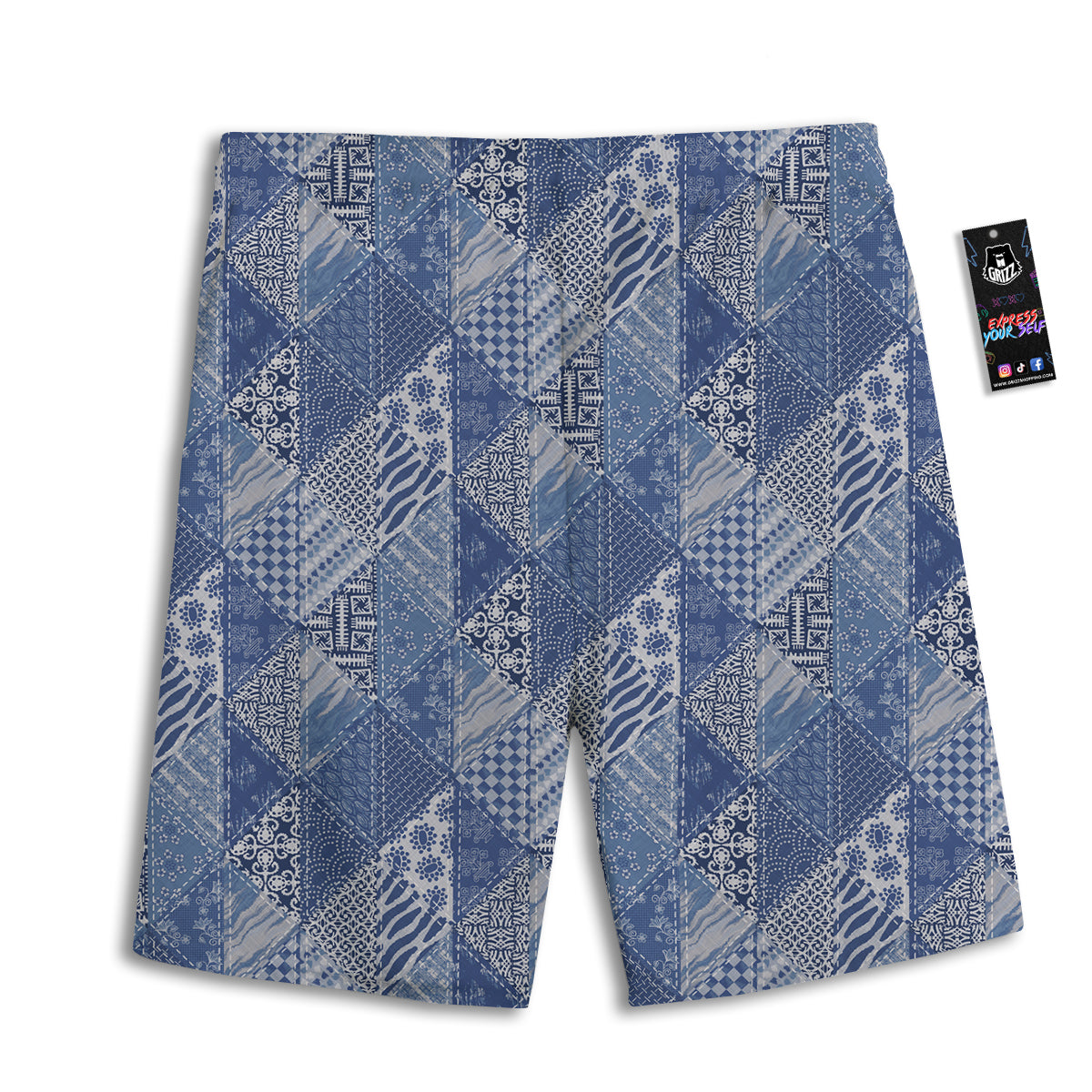 Patchwork Blue Denim Print Pattern Men's Athletic Shorts