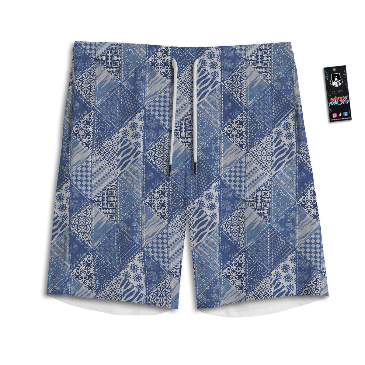 Patchwork Blue Denim Print Pattern Men's Athletic Shorts