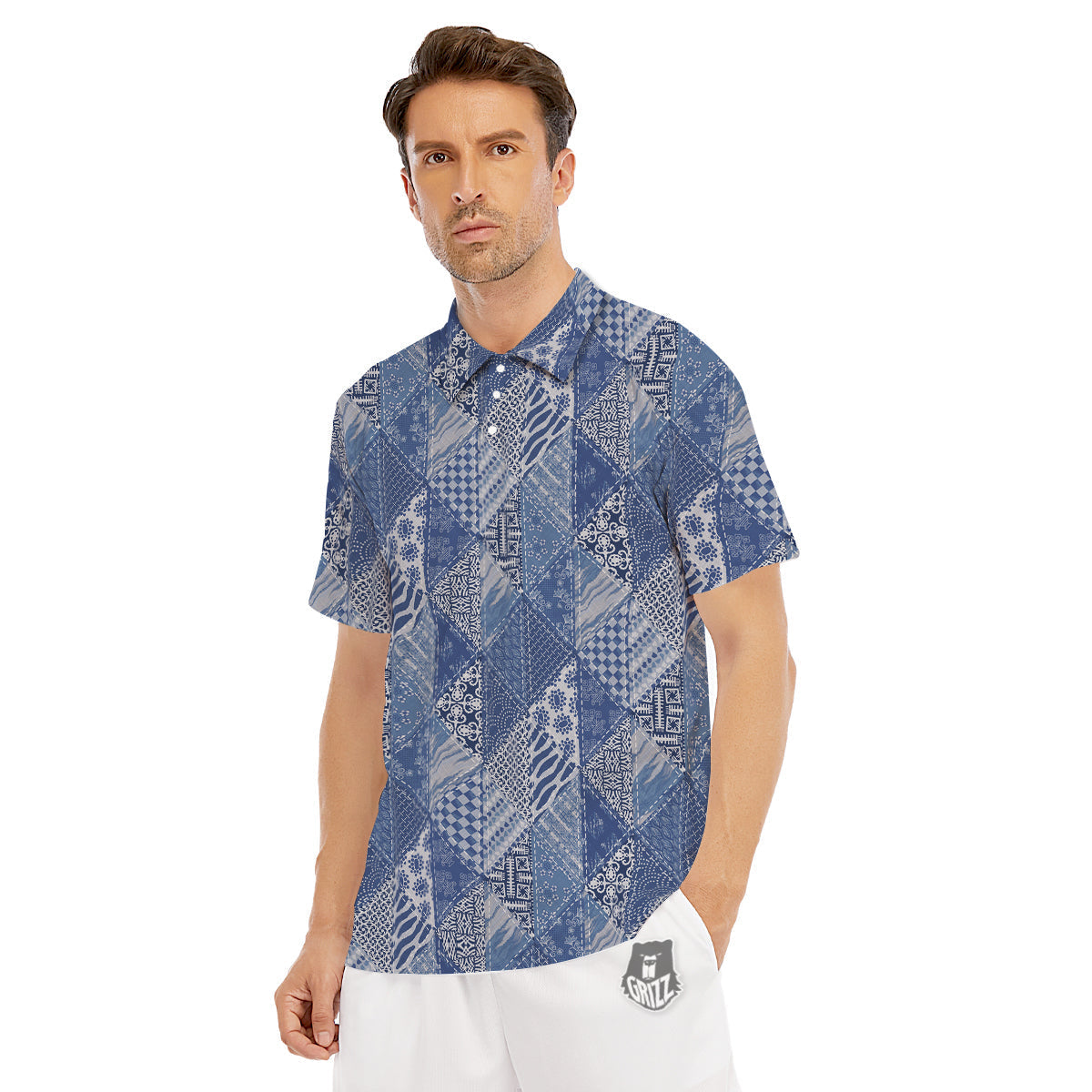Patchwork Blue Denim Print Pattern Men's Golf Shirts-grizzshop