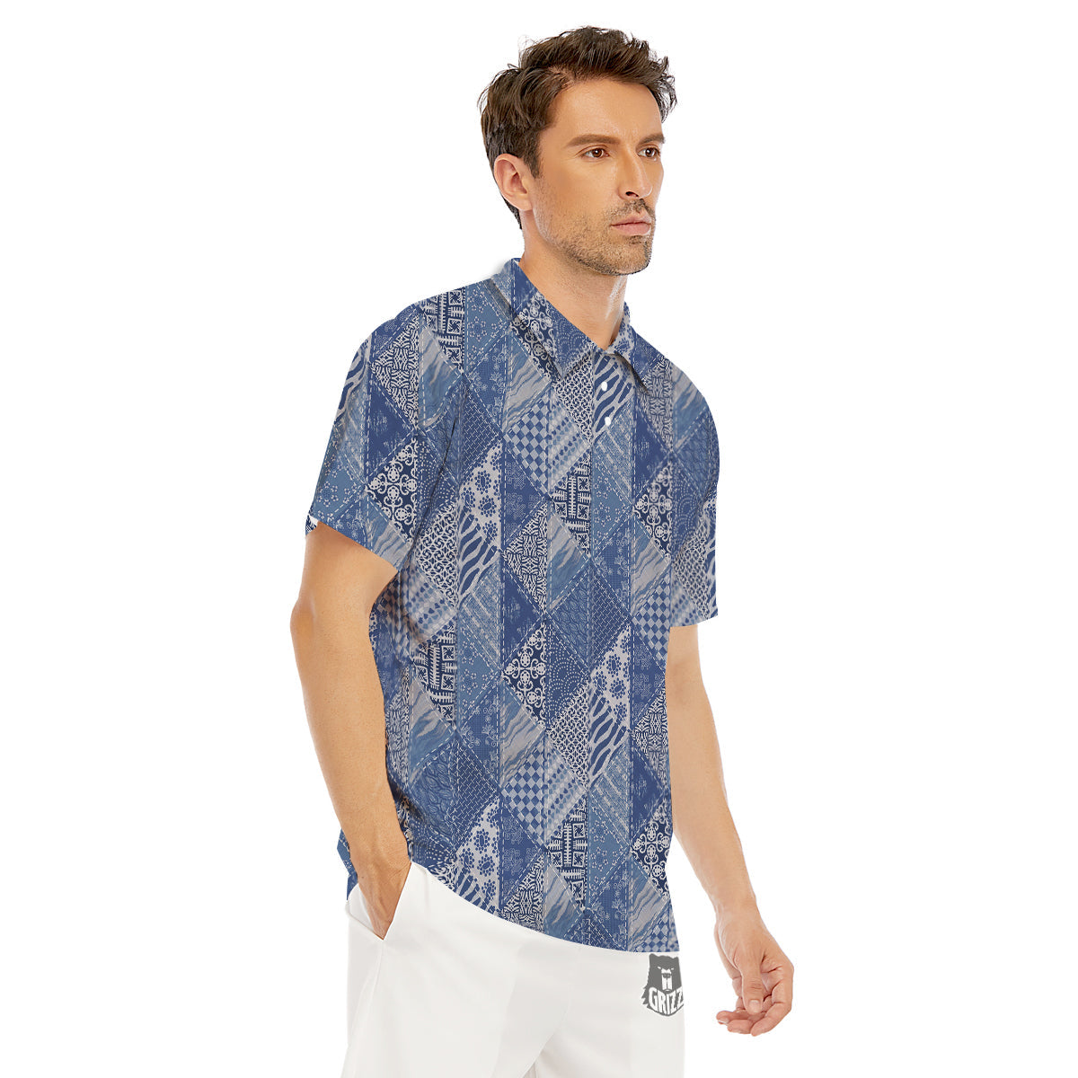 Patchwork Blue Denim Print Pattern Men's Golf Shirts-grizzshop
