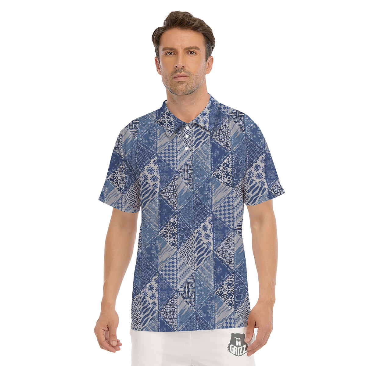Patchwork Blue Denim Print Pattern Men's Golf Shirts-grizzshop