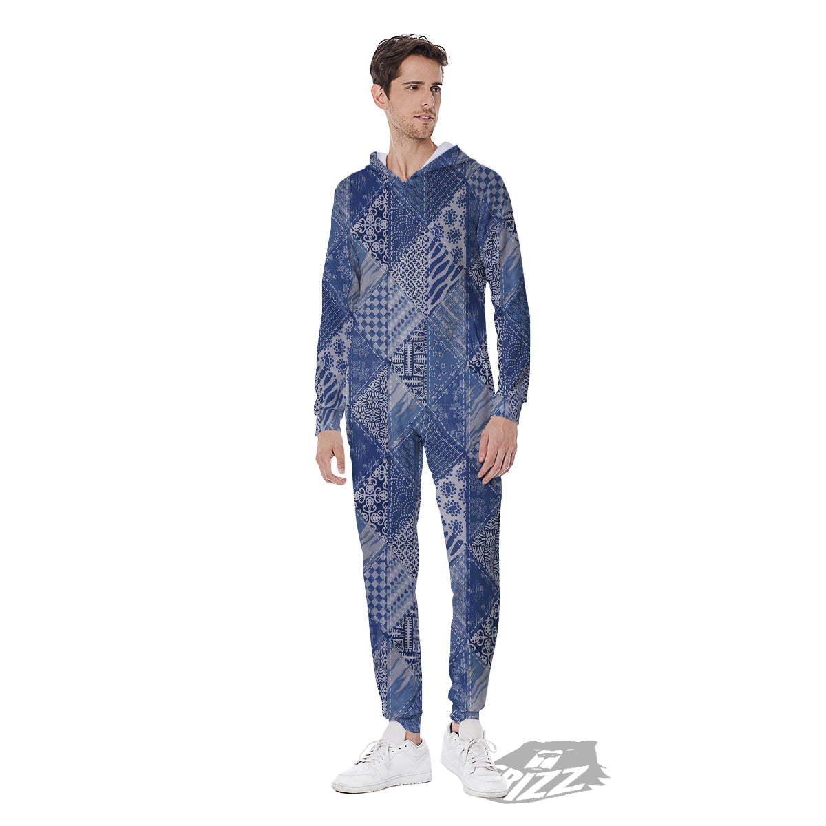 Patchwork Blue Denim Print Pattern Men's Jumpsuit-grizzshop