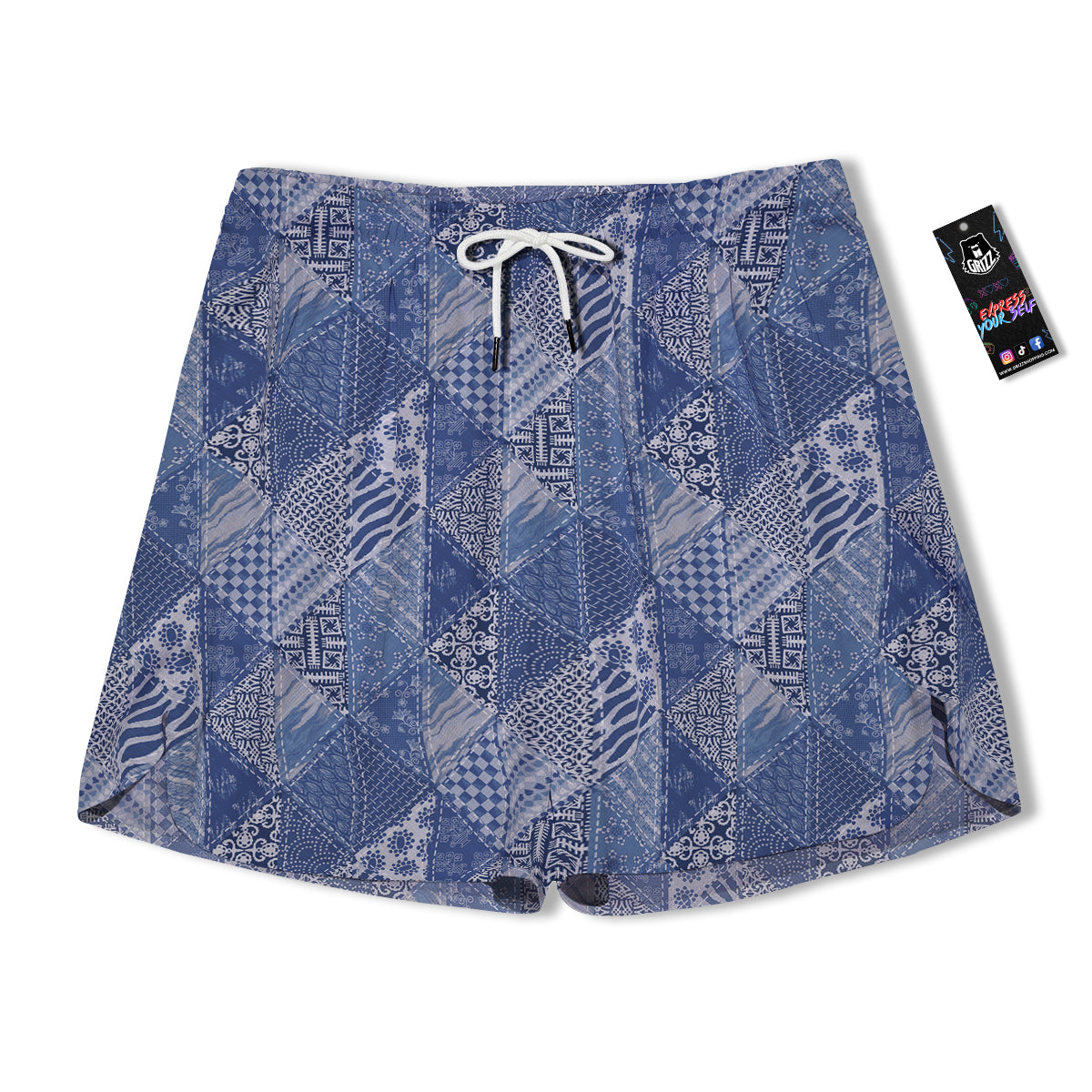 Patchwork Blue Denim Print Pattern Men's Running Shorts-grizzshop