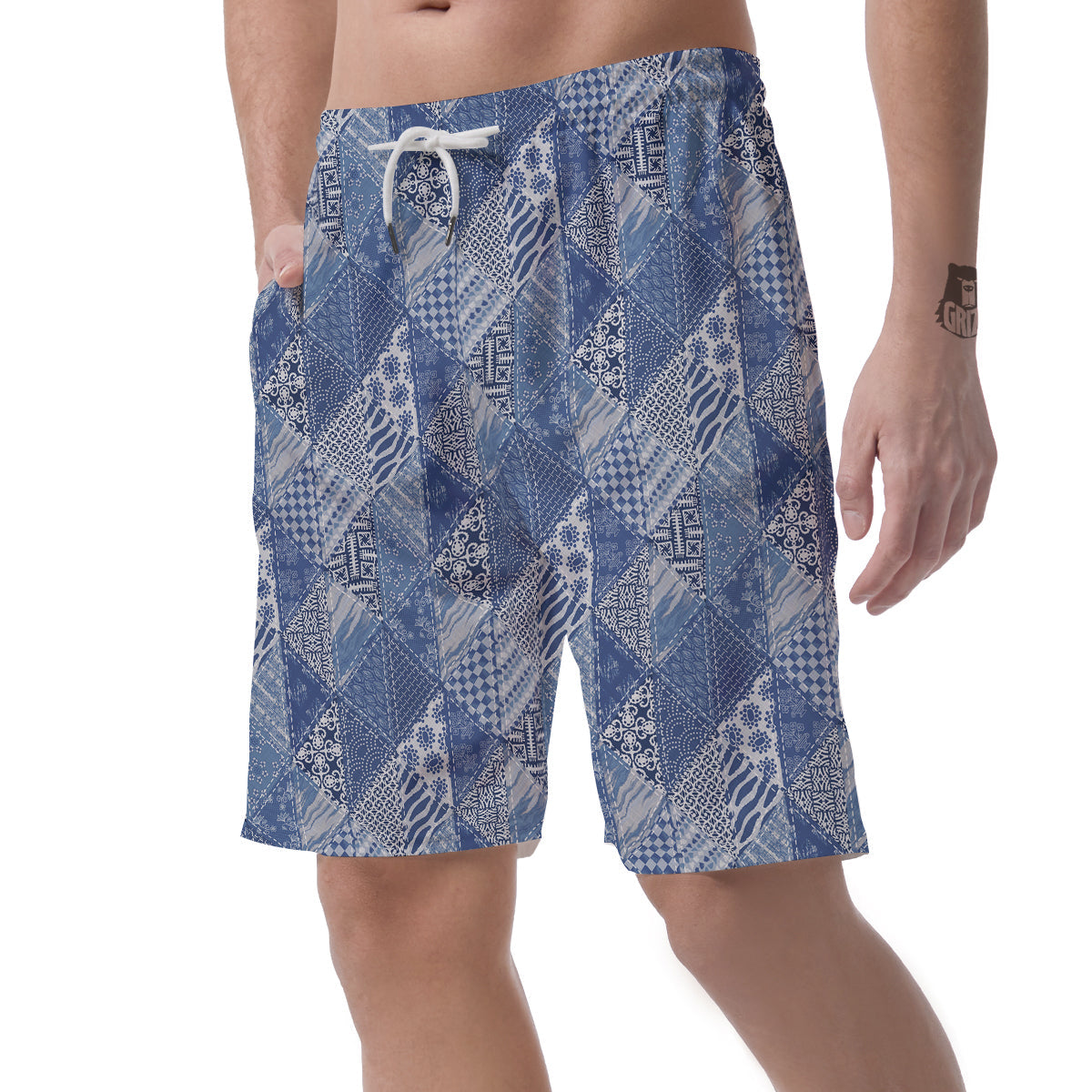Patchwork Blue Denim Print Pattern Men's Shorts-grizzshop