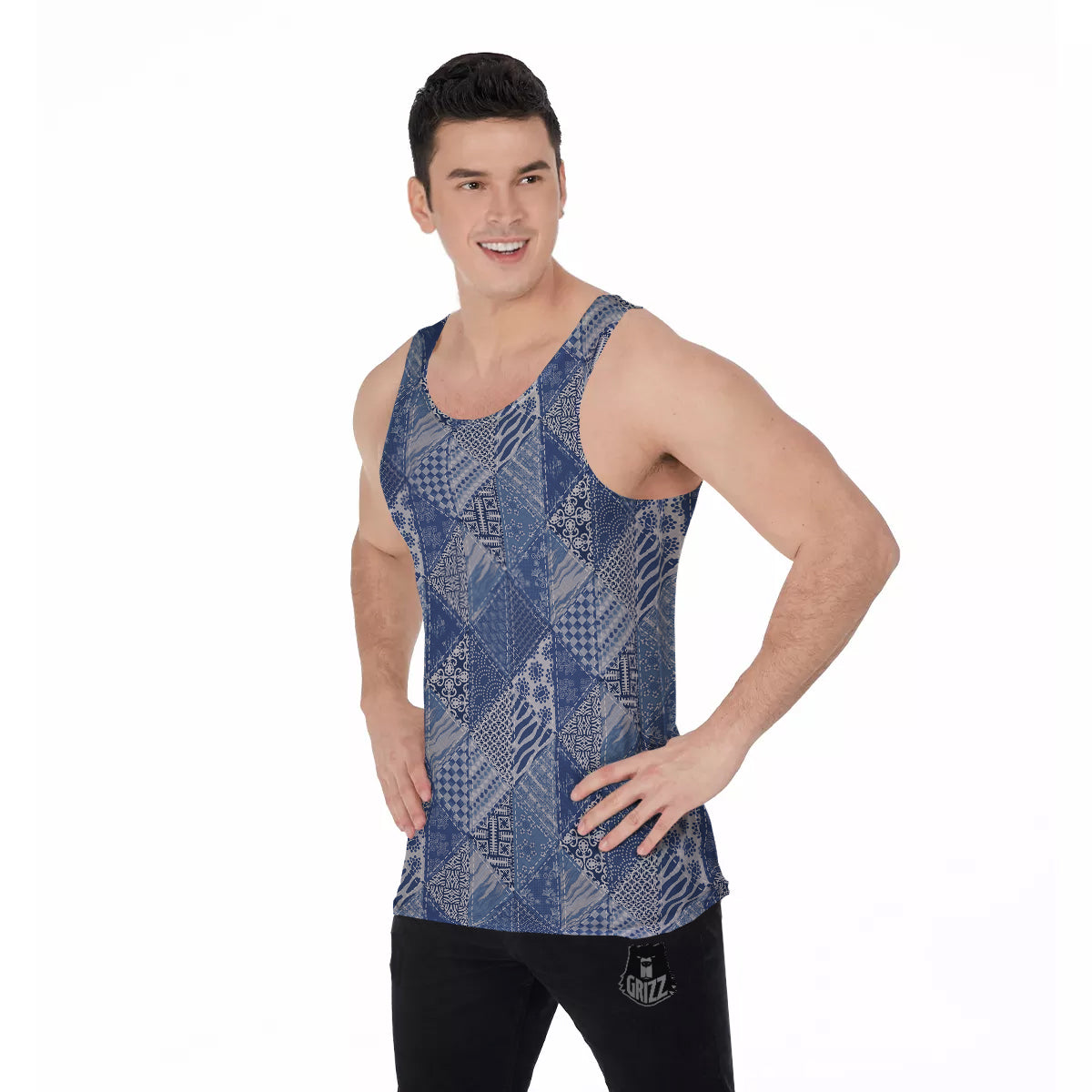 Patchwork Blue Denim Print Pattern Men's Tank Top-grizzshop