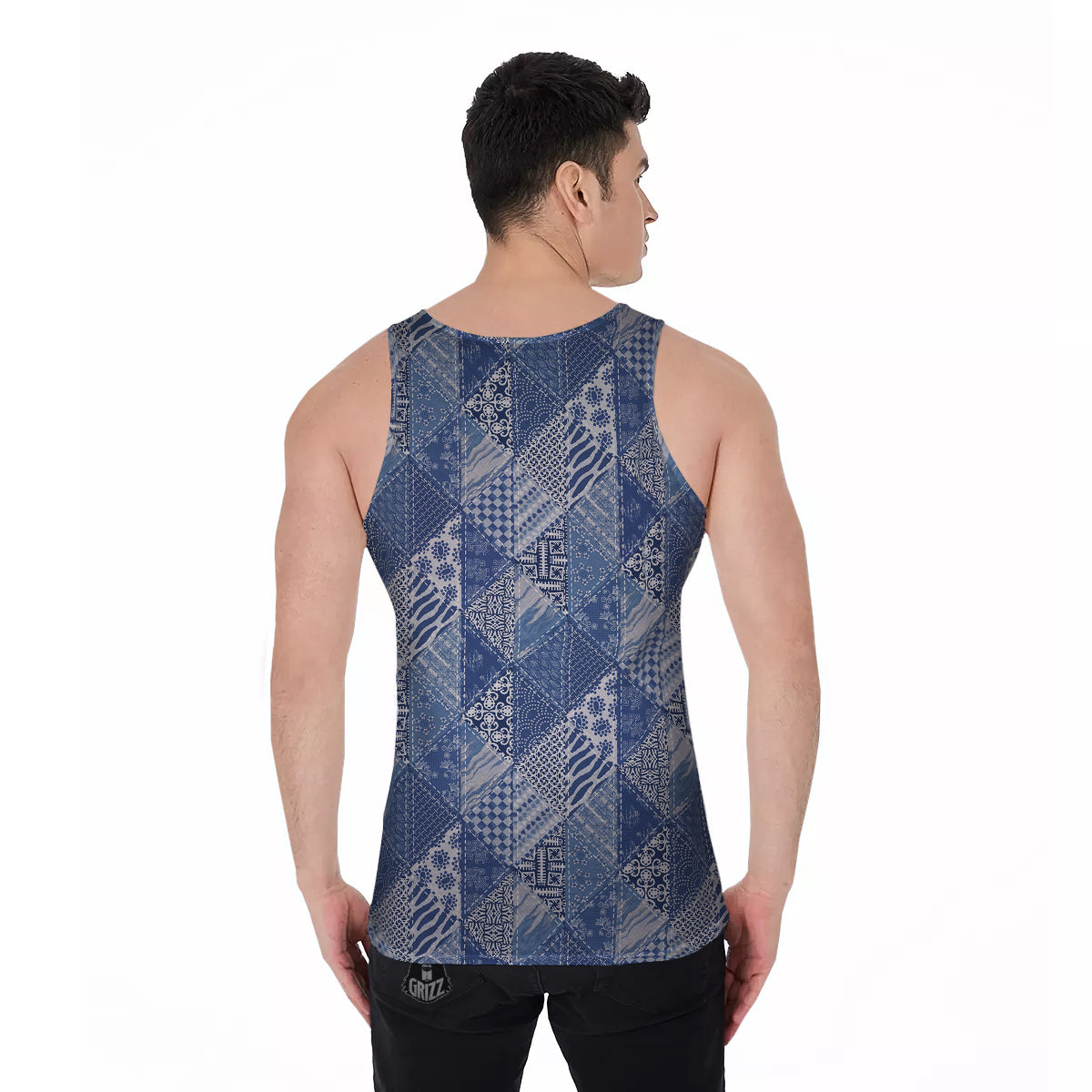 Patchwork Blue Denim Print Pattern Men's Tank Top-grizzshop
