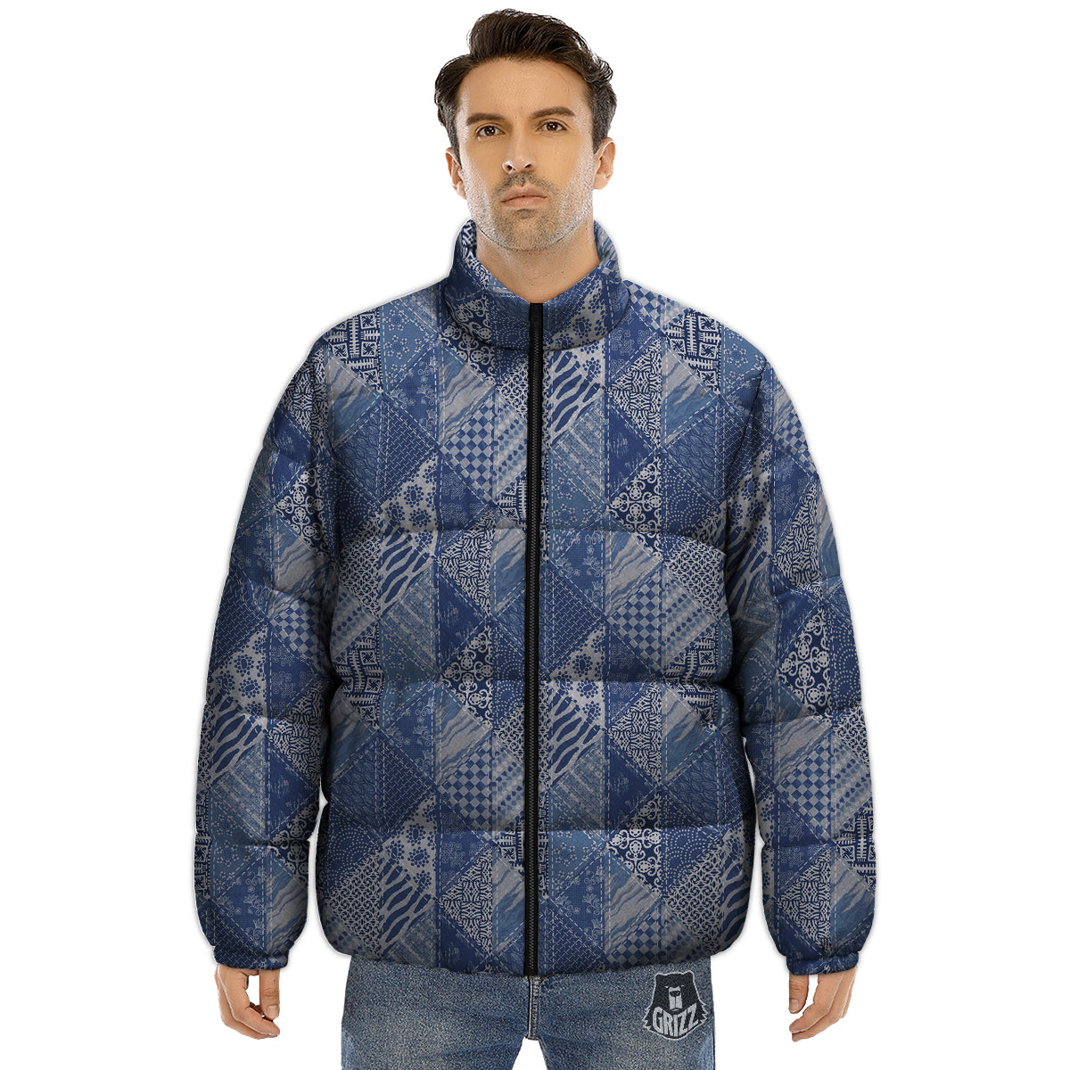 Patchwork Blue Denim Print Pattern Puffer Jacket-grizzshop