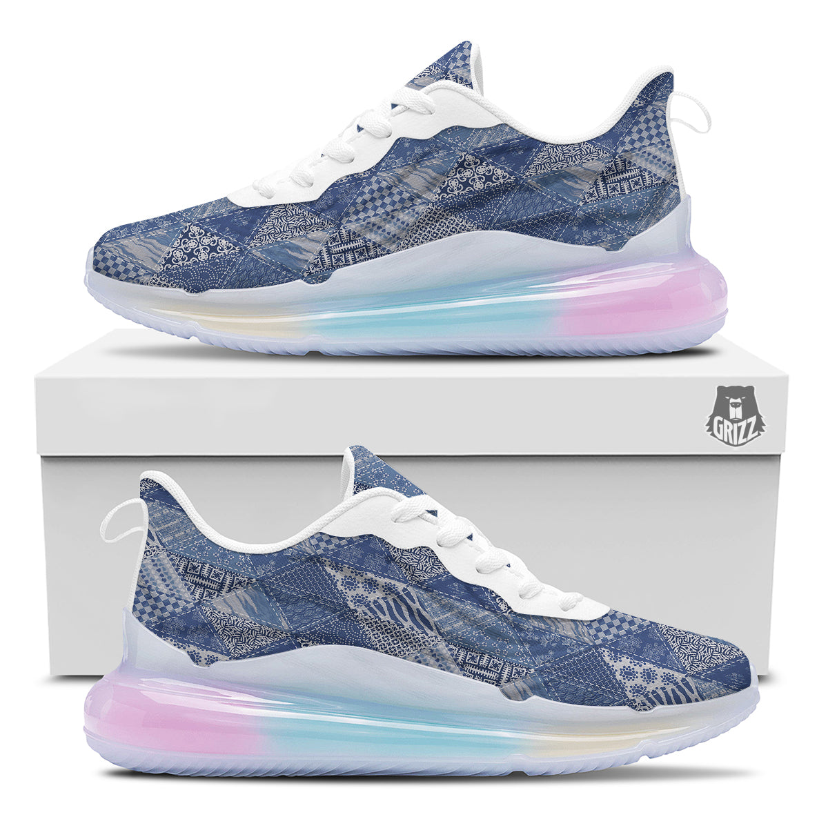 Patchwork Blue Denim Print Pattern Running Sneakers-grizzshop