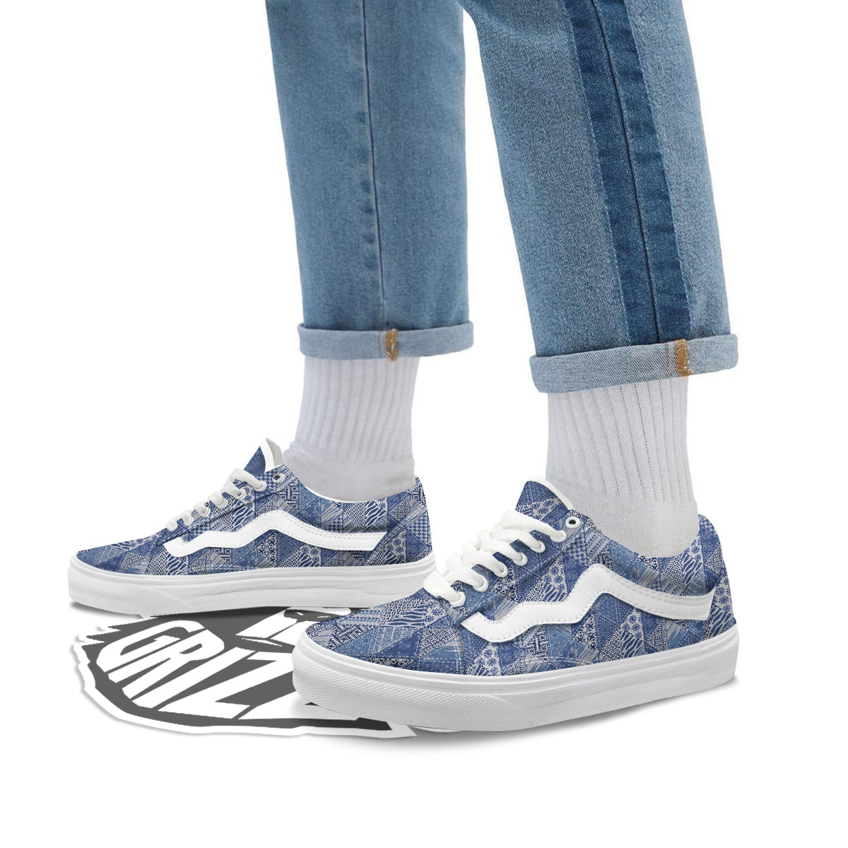 Patchwork Blue Denim Print Pattern Skate Shoes-grizzshop