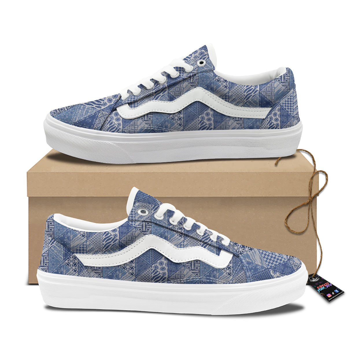 Patchwork Blue Denim Print Pattern Skate Shoes-grizzshop