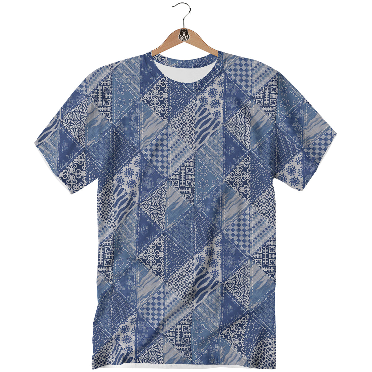 Patchwork Blue Denim Print Pattern T-Shirt-grizzshop