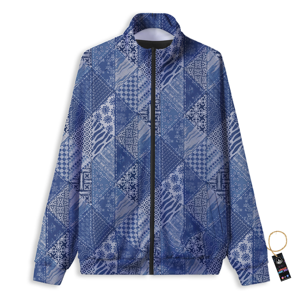 Patchwork Blue Denim Print Pattern Track Jacket-grizzshop