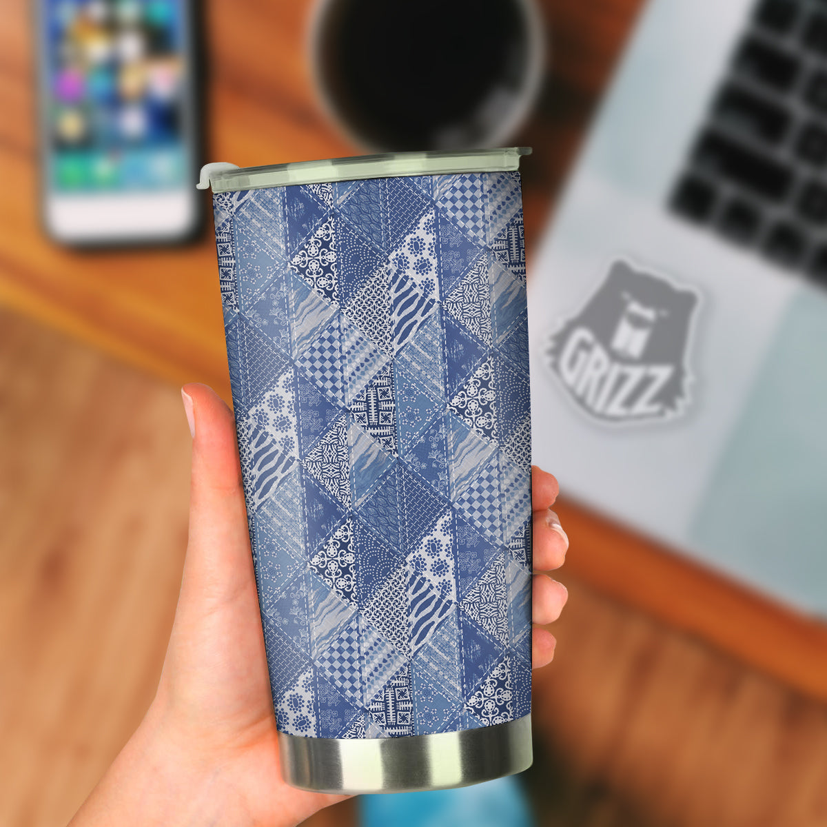 Patchwork Blue Denim Print Pattern Tumbler-grizzshop