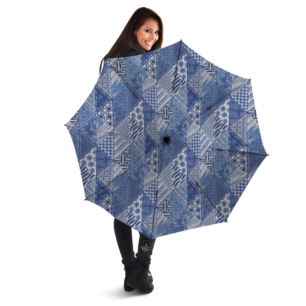 Patchwork Blue Denim Print Pattern Umbrella-grizzshop