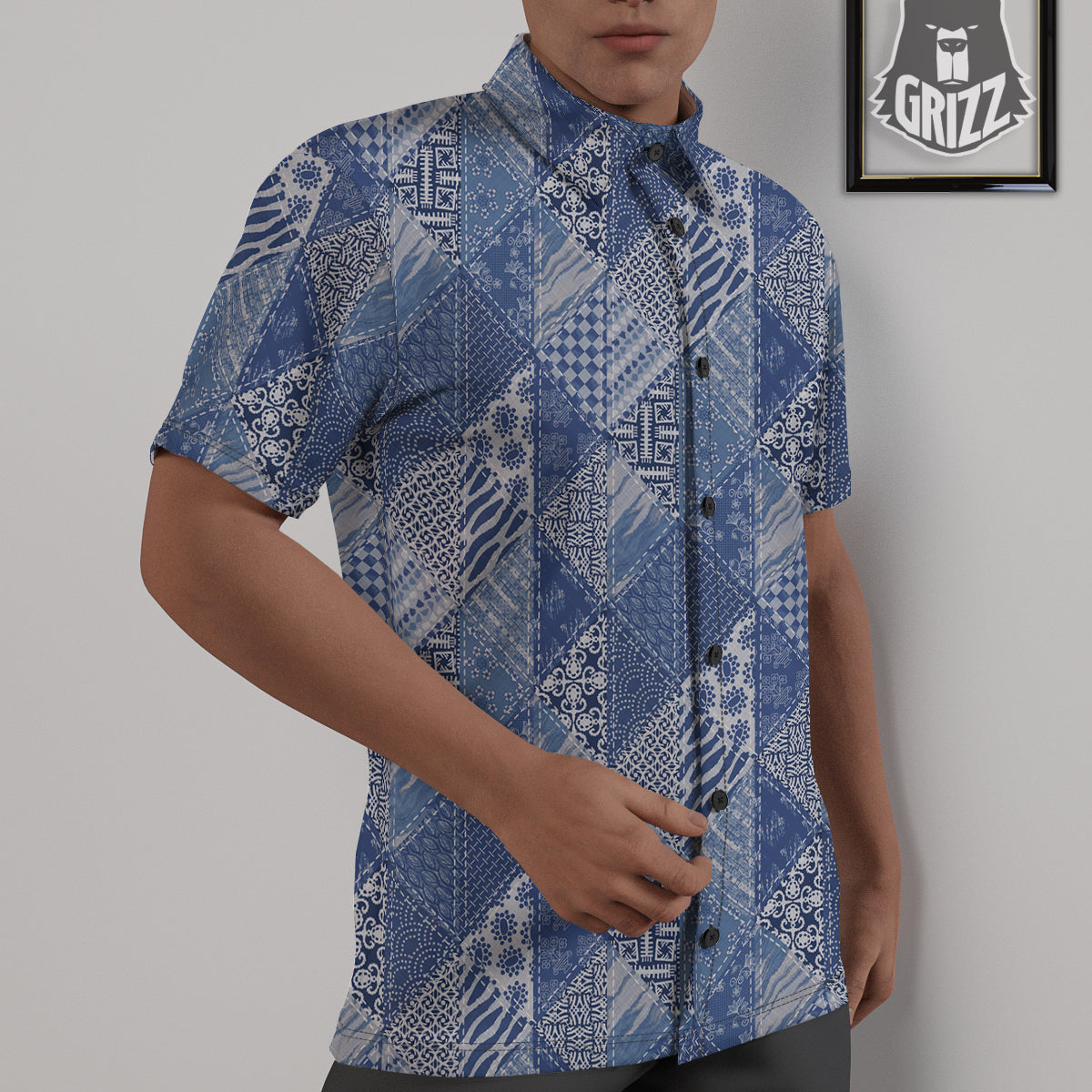 Patchwork Blue Denim Print Pattern Untucked Shirts-grizzshop
