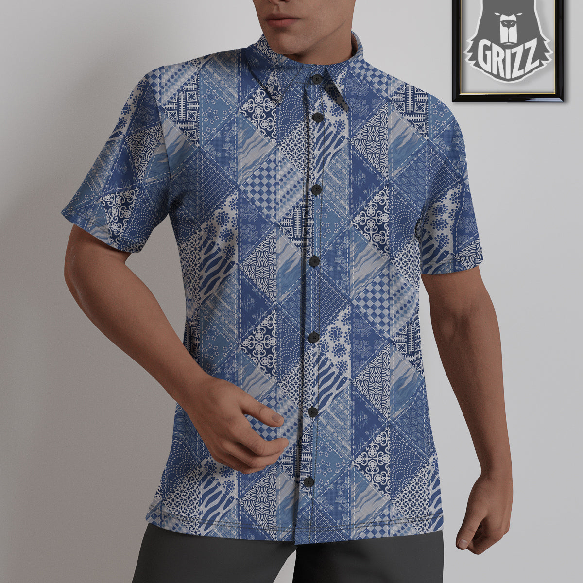 Patchwork Blue Denim Print Pattern Untucked Shirts-grizzshop
