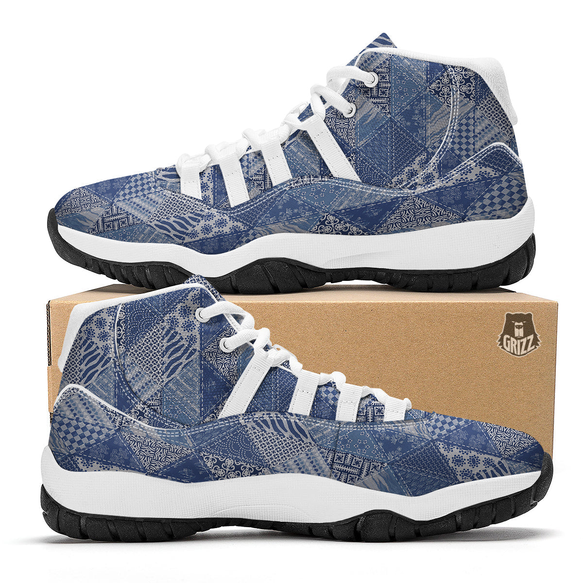 Patchwork Blue Denim Print Pattern White Bball Shoes-grizzshop