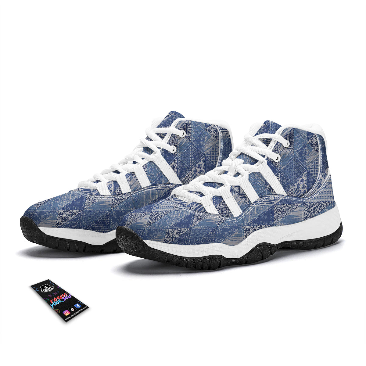 Patchwork Blue Denim Print Pattern White Bball Shoes-grizzshop