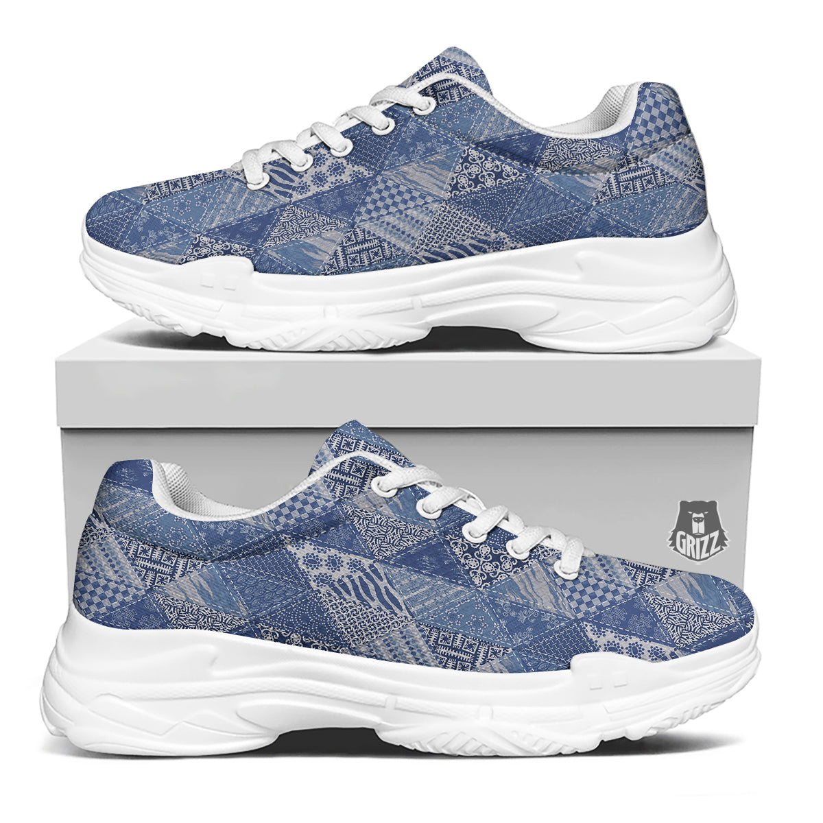 Patchwork Blue Denim Print Pattern White Chunky Shoes-grizzshop