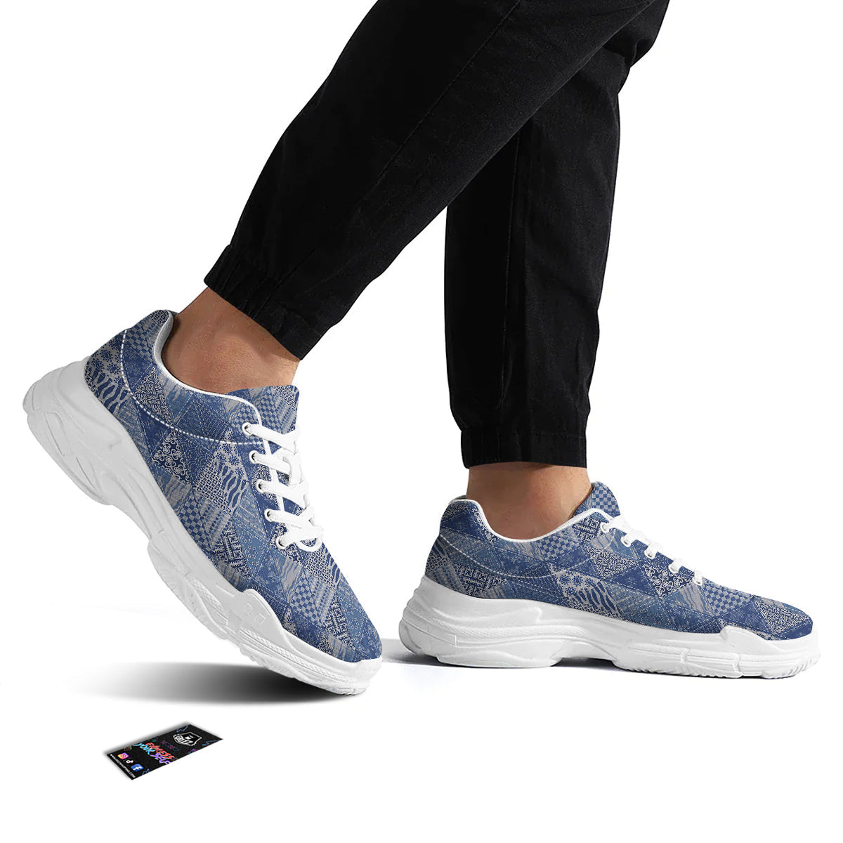 Patchwork Blue Denim Print Pattern White Chunky Shoes-grizzshop