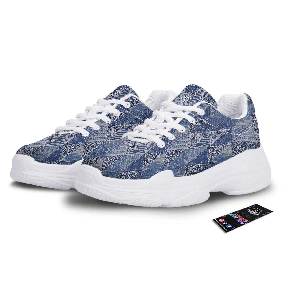 Patchwork Blue Denim Print Pattern White Chunky Shoes-grizzshop