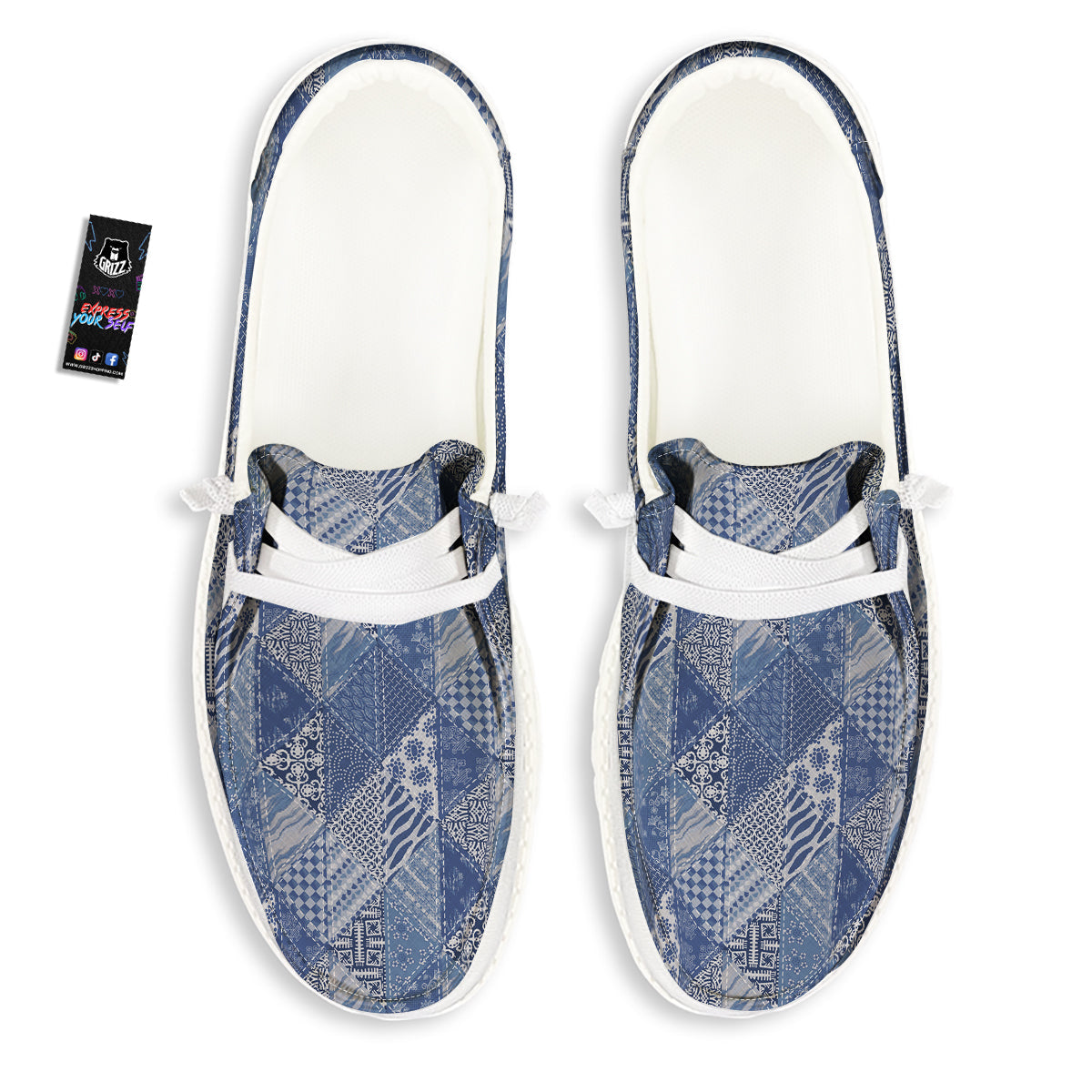 Patchwork Blue Denim Print Pattern White Loafers-grizzshop