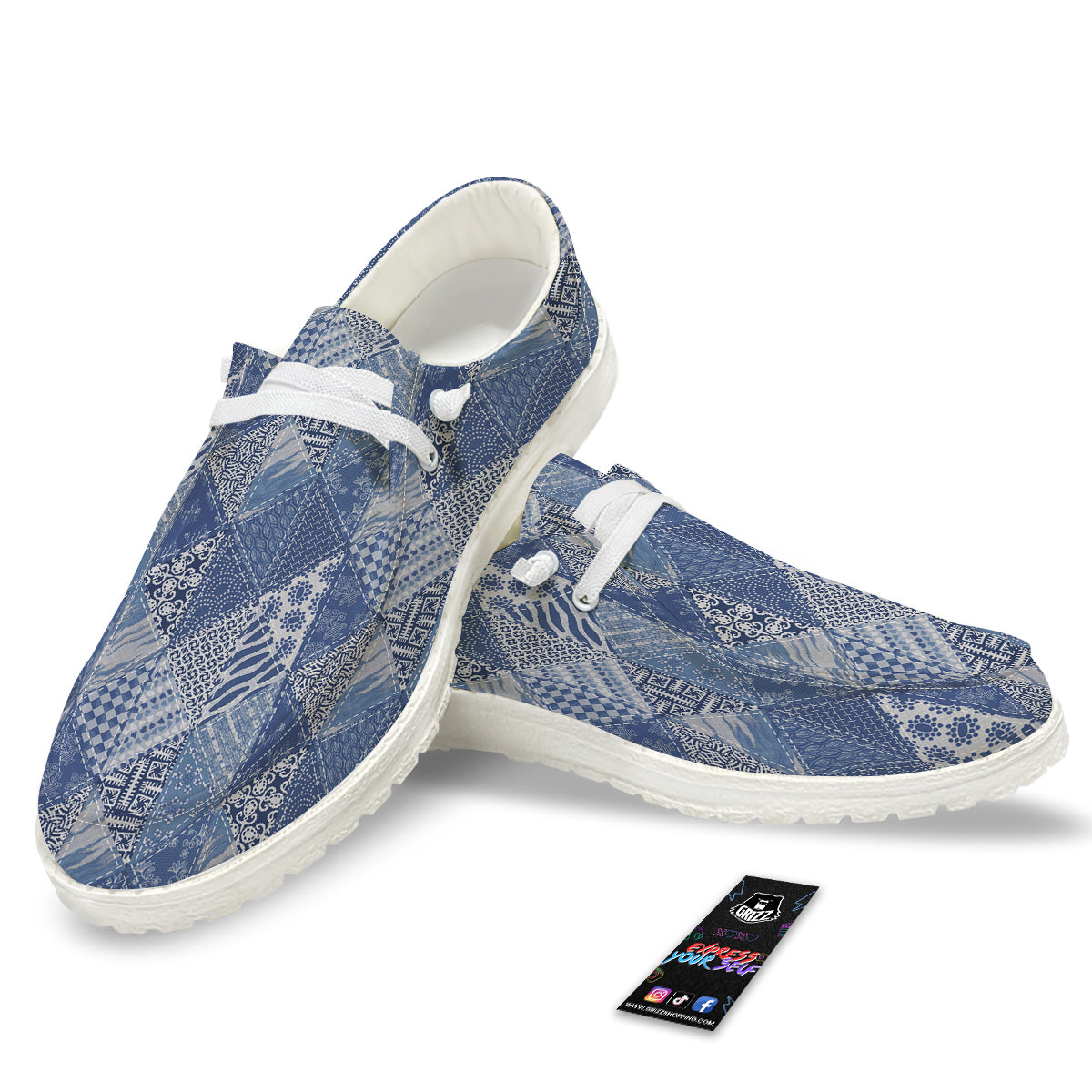 Patchwork Blue Denim Print Pattern White Loafers-grizzshop