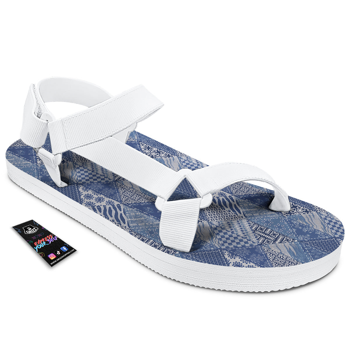 Patchwork Blue Denim Print Pattern White Open Toe Sandals-grizzshop