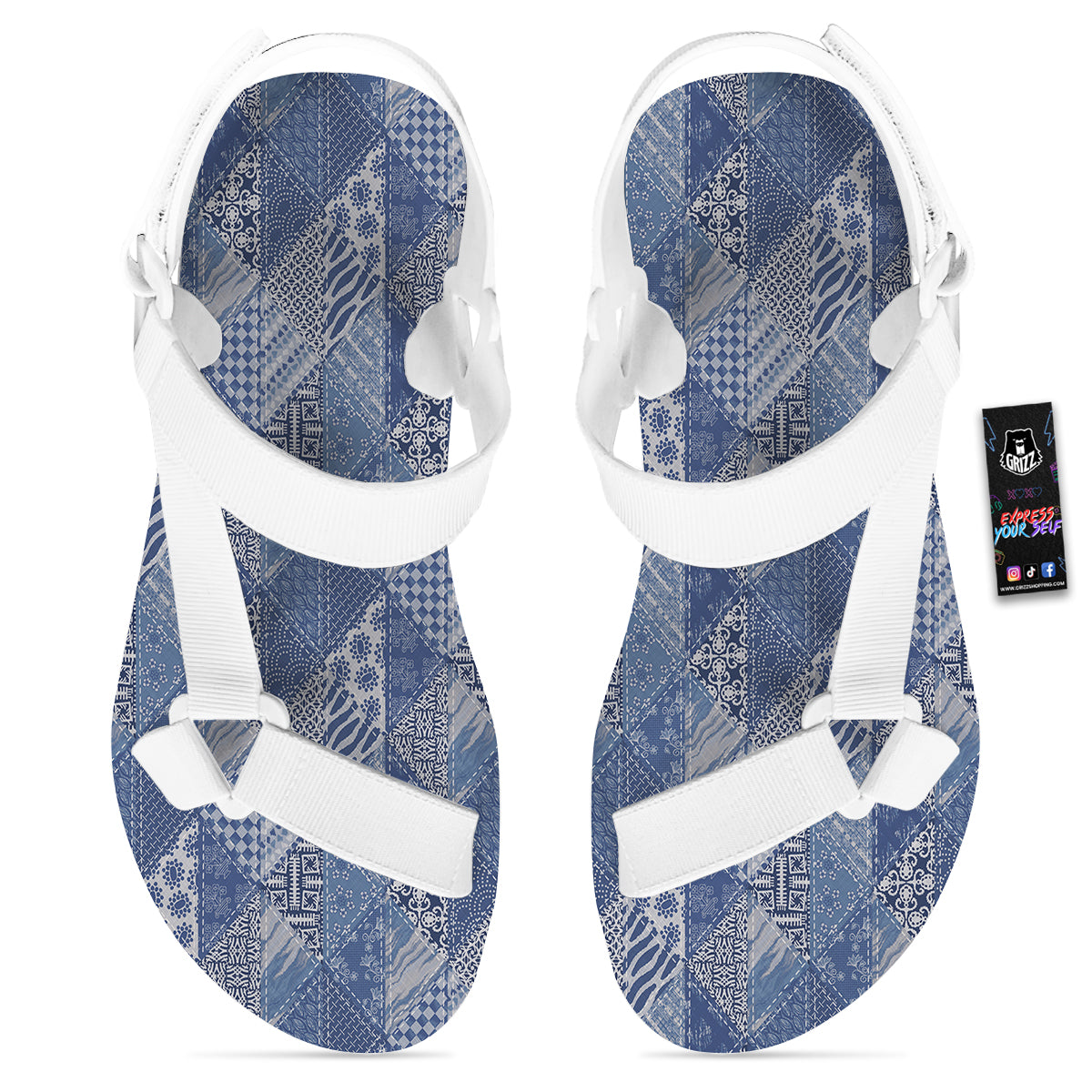Patchwork Blue Denim Print Pattern White Open Toe Sandals-grizzshop