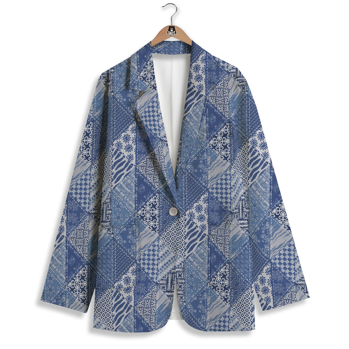 Patchwork Blue Denim Print Pattern Women's Blazer-grizzshop