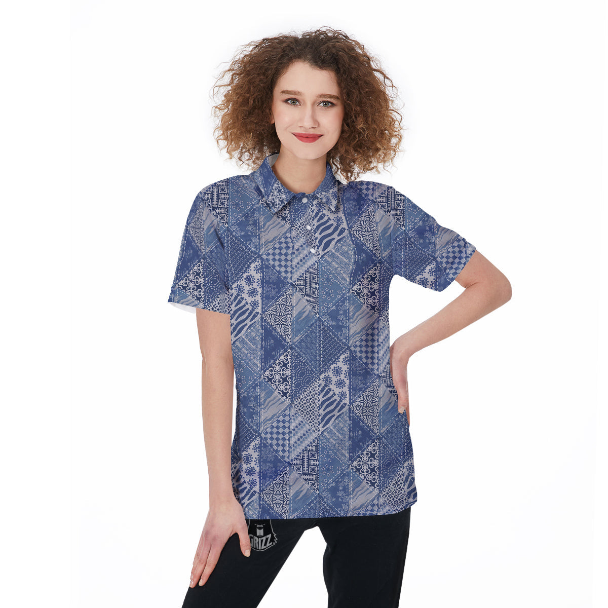 Patchwork Blue Denim Print Pattern Women's Golf Shirts-grizzshop