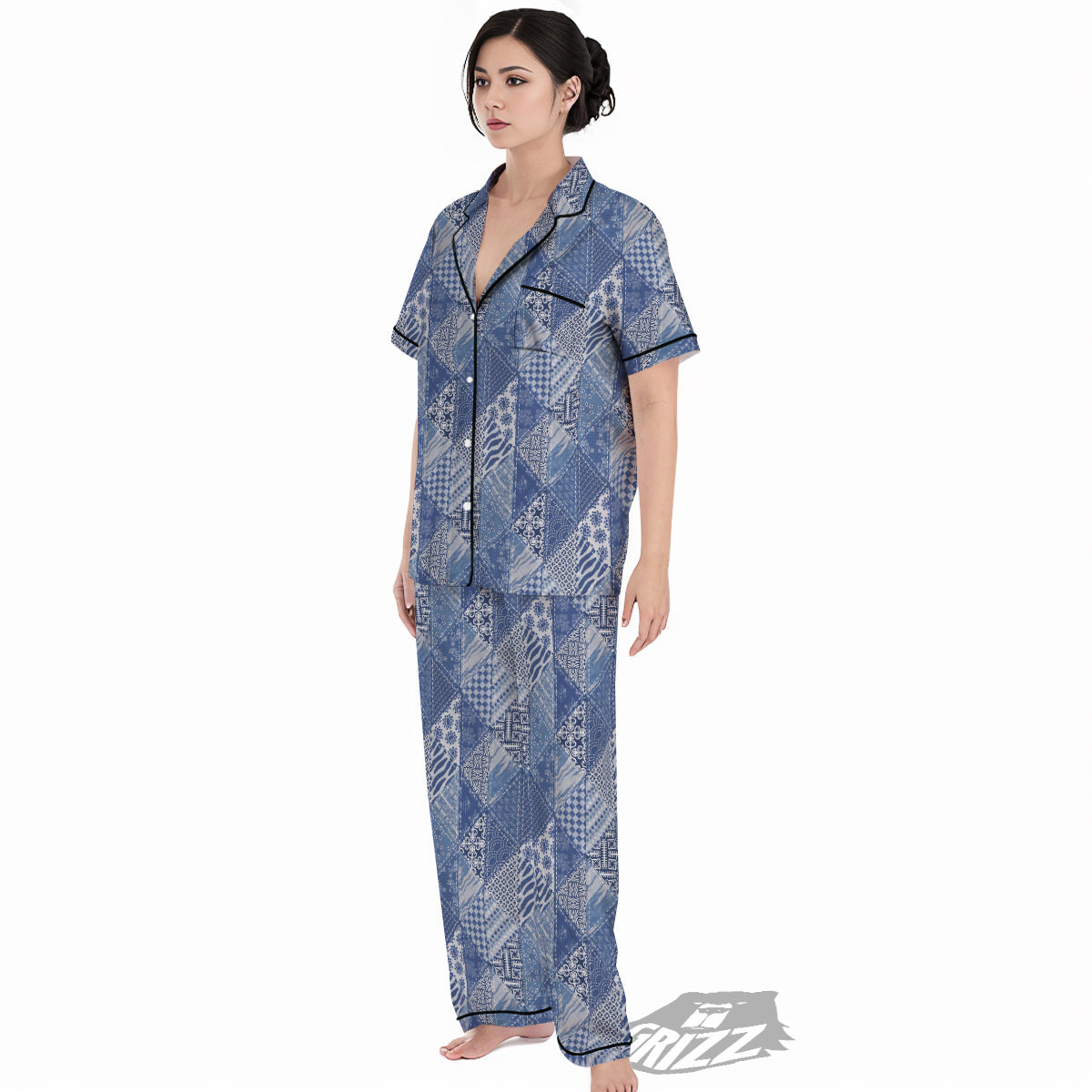 Patchwork Blue Denim Print Pattern Women's Pajamas Set-grizzshop
