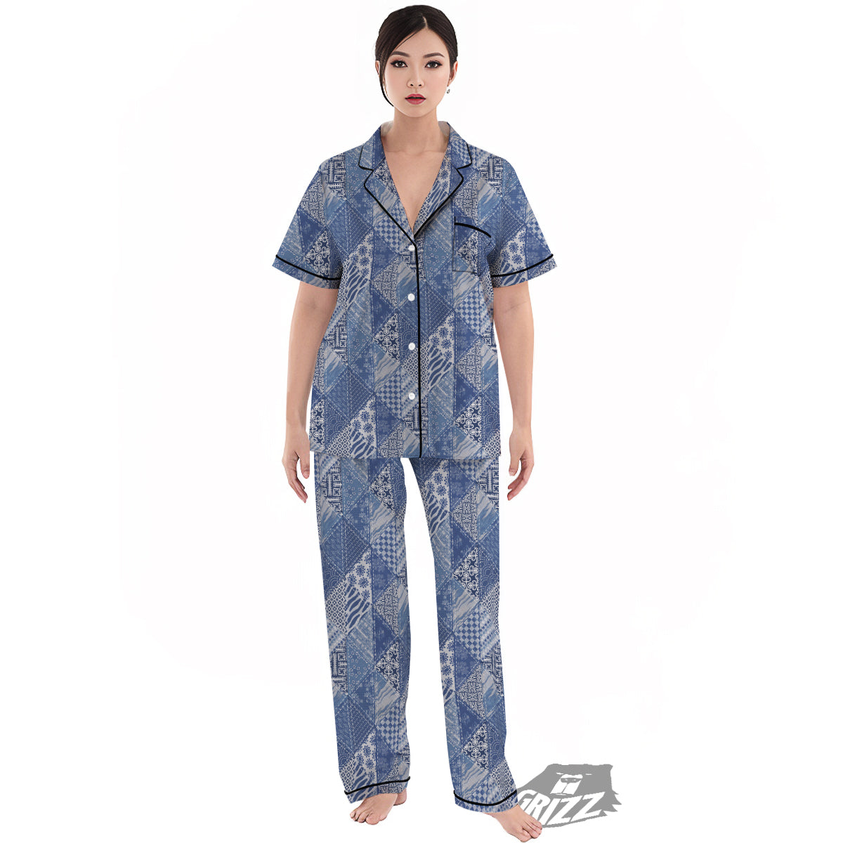 Patchwork Blue Denim Print Pattern Women's Pajamas Set-grizzshop