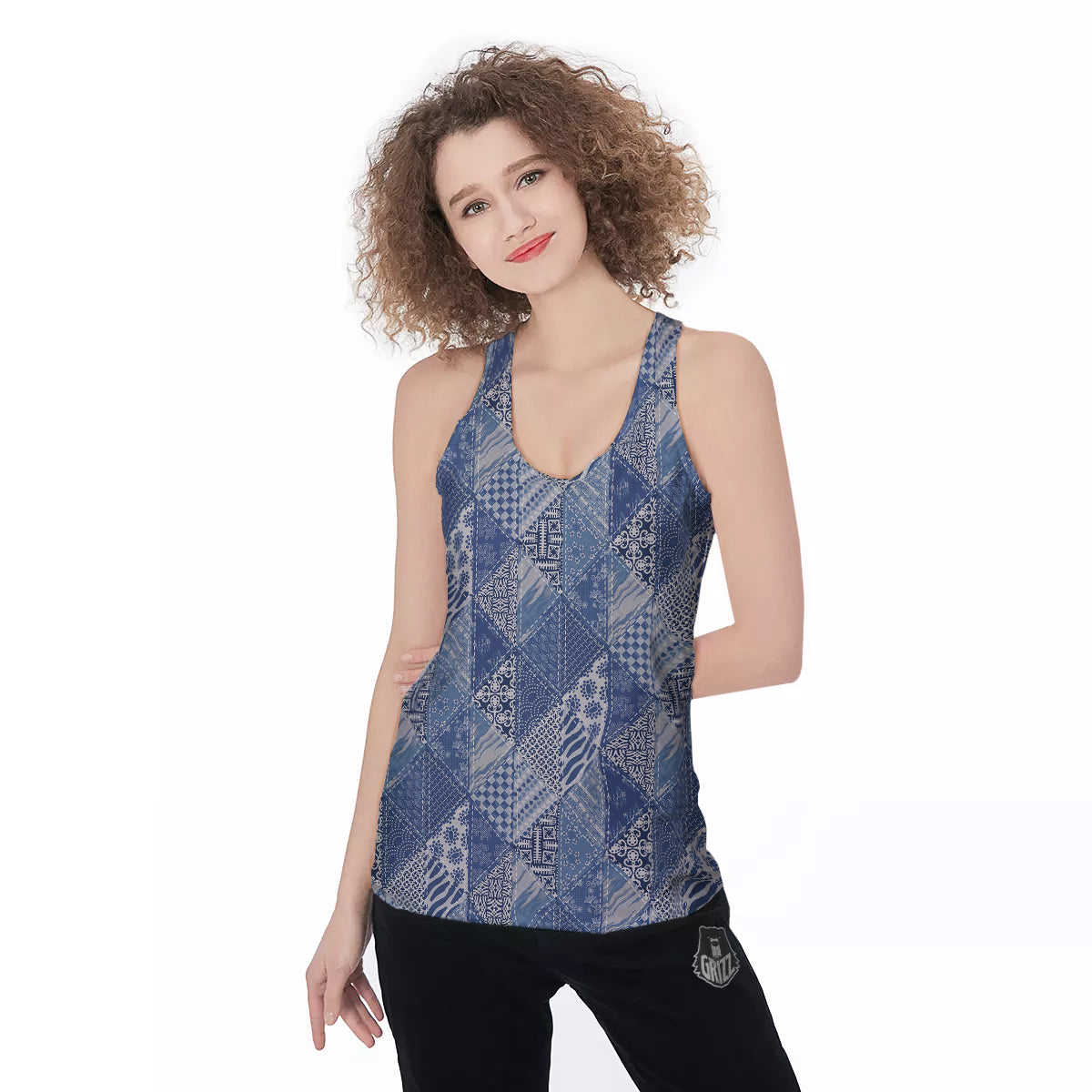Patchwork Blue Denim Print Pattern Women's Racerback Tank Top-grizzshop