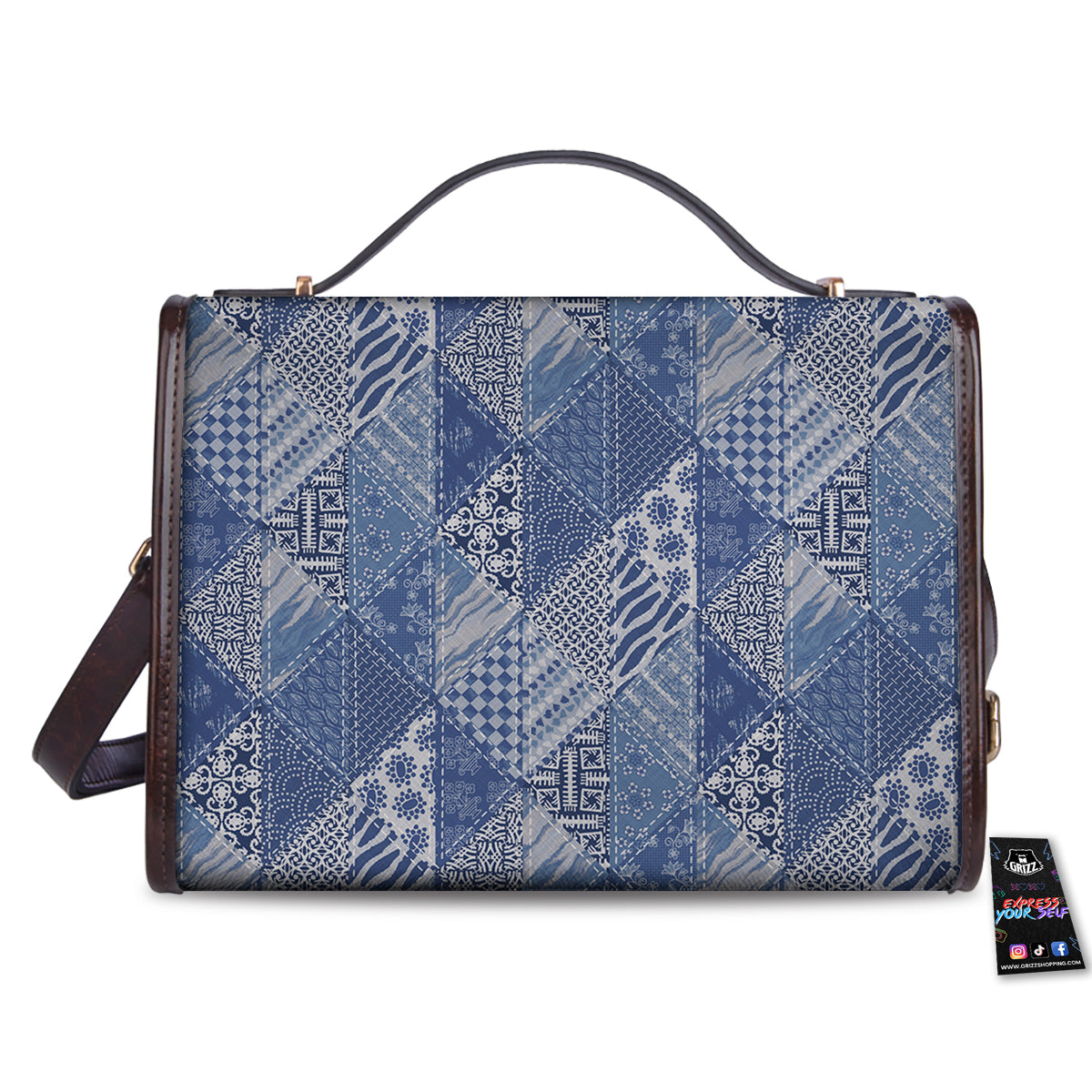 Patchwork Blue Denim Print Pattern Women's Satchel Bag-grizzshop