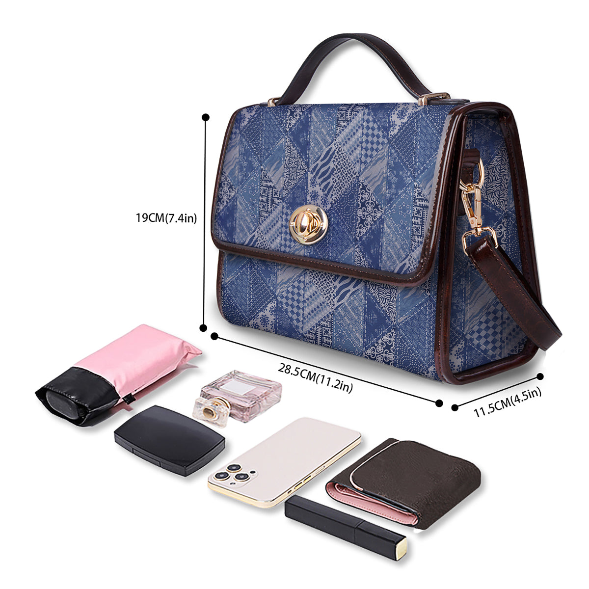 Patchwork Blue Denim Print Pattern Women's Satchel Bag-grizzshop