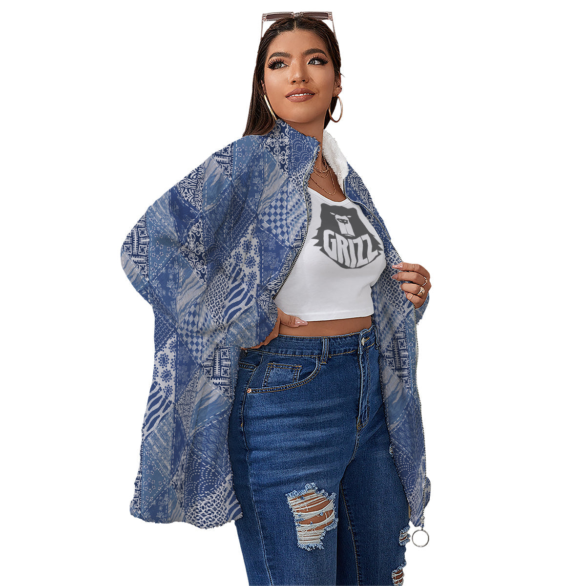 Patchwork Blue Denim Print Pattern Women's Sherpa Jacket-grizzshop