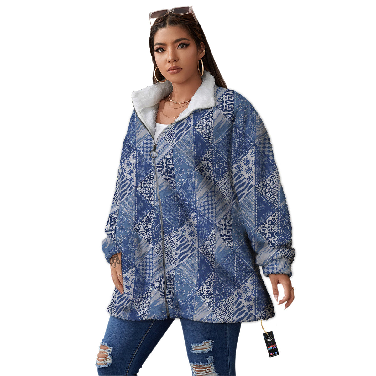 Patchwork Blue Denim Print Pattern Women's Sherpa Jacket-grizzshop