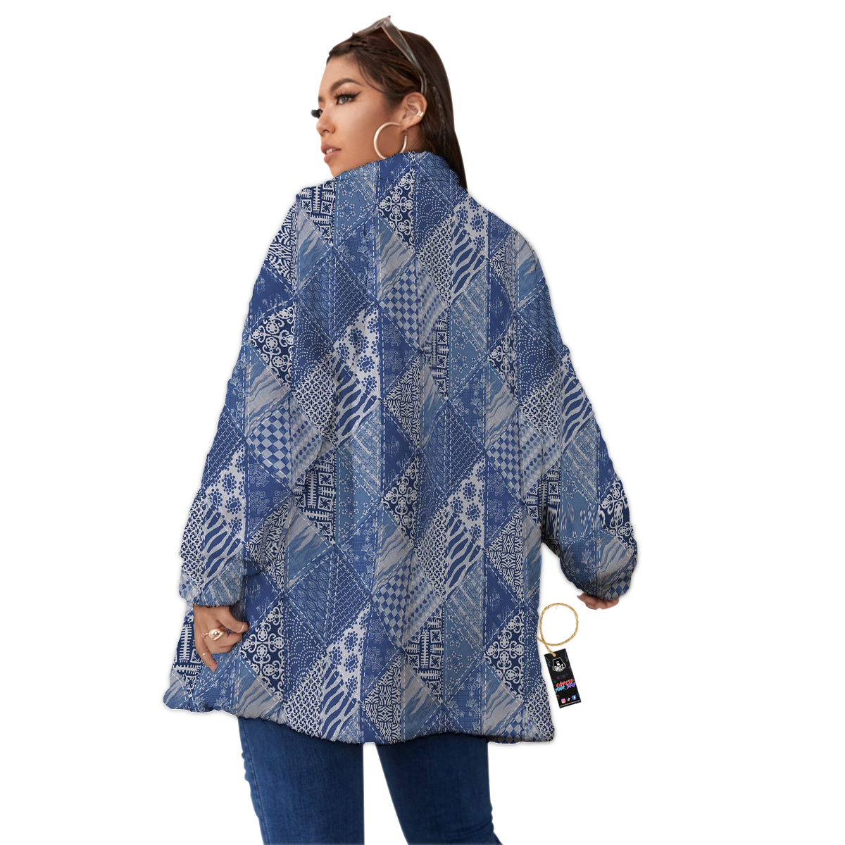 Patchwork Blue Denim Print Pattern Women's Sherpa Jacket-grizzshop