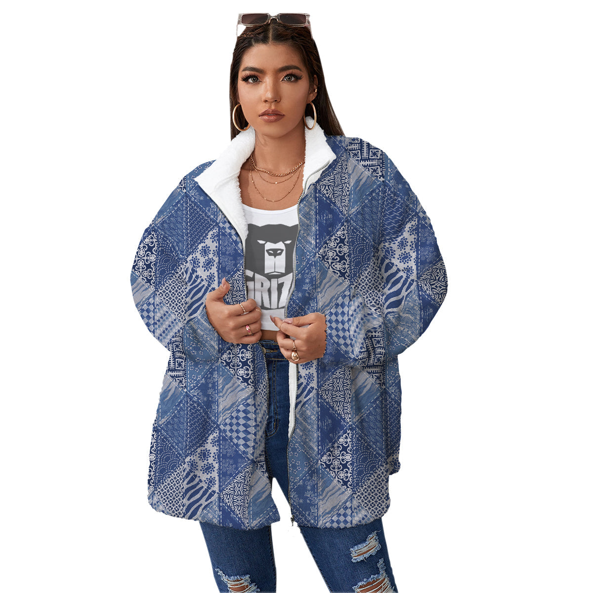 Patchwork Blue Denim Print Pattern Women's Sherpa Jacket-grizzshop