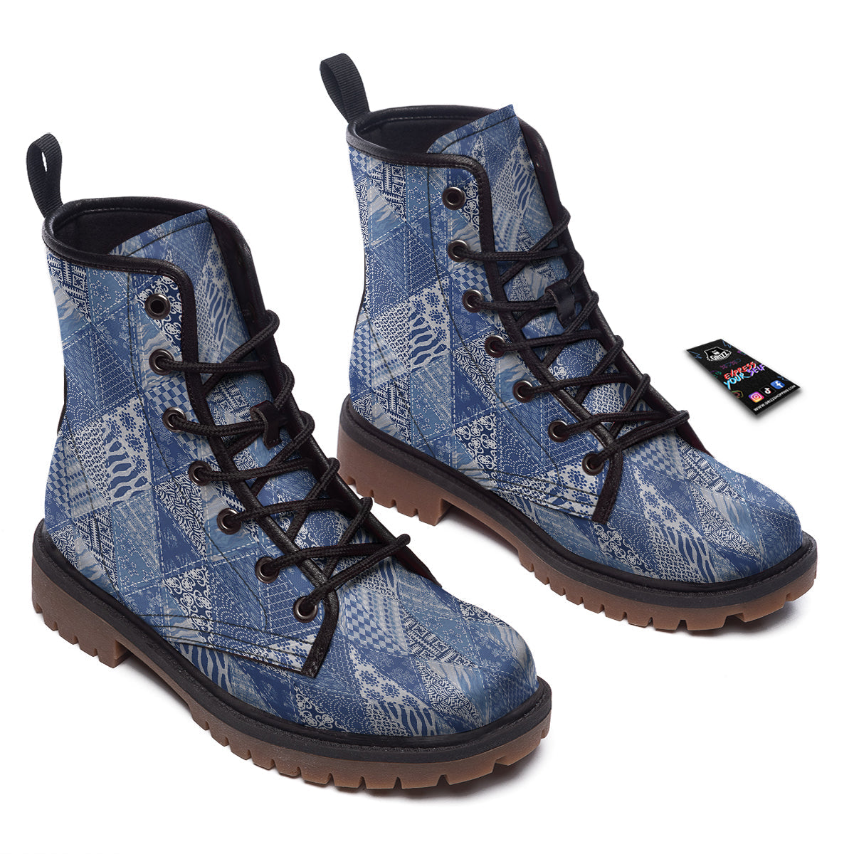 Patchwork Blue Denim Print Pattern Work Boots-grizzshop