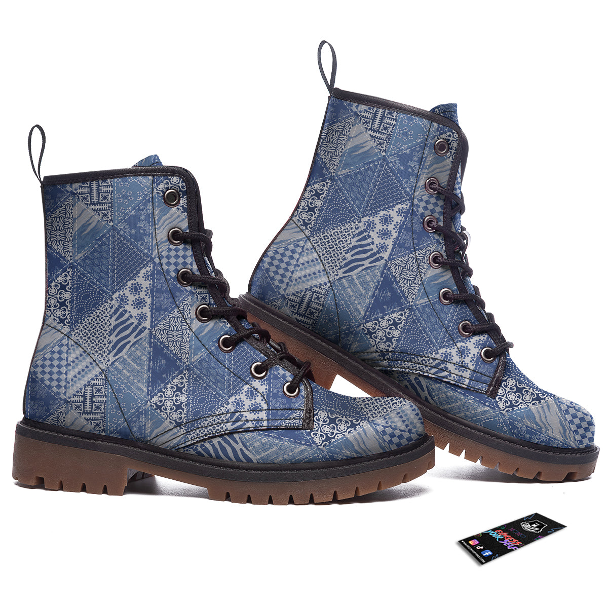 Patchwork Blue Denim Print Pattern Work Boots-grizzshop