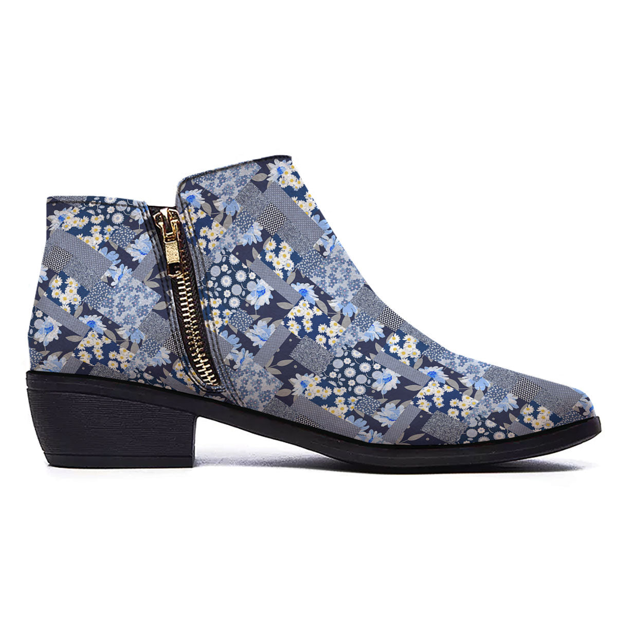 Patchwork Blue Floral Print Pattern Ankle Boots-grizzshop