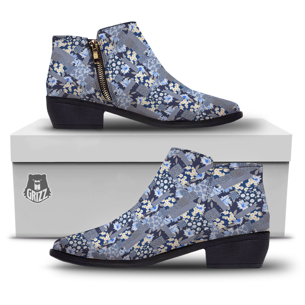 Patchwork Blue Floral Print Pattern Ankle Boots-grizzshop