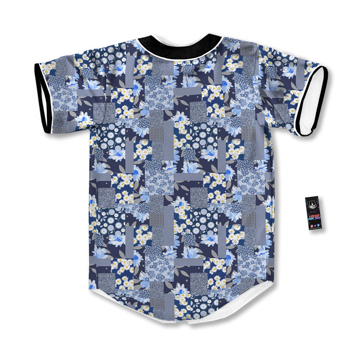 Patchwork Blue Floral Print Pattern Baseball Jersey-grizzshop