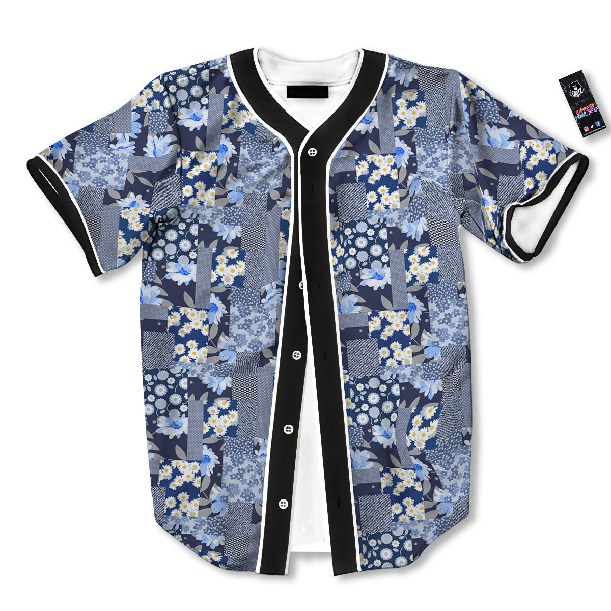 Patchwork Blue Floral Print Pattern Baseball Jersey-grizzshop