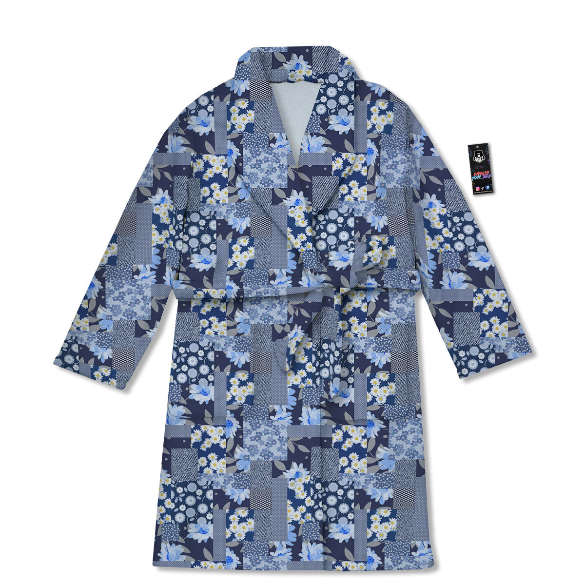 Patchwork Blue Floral Print Pattern Bathrobe-grizzshop