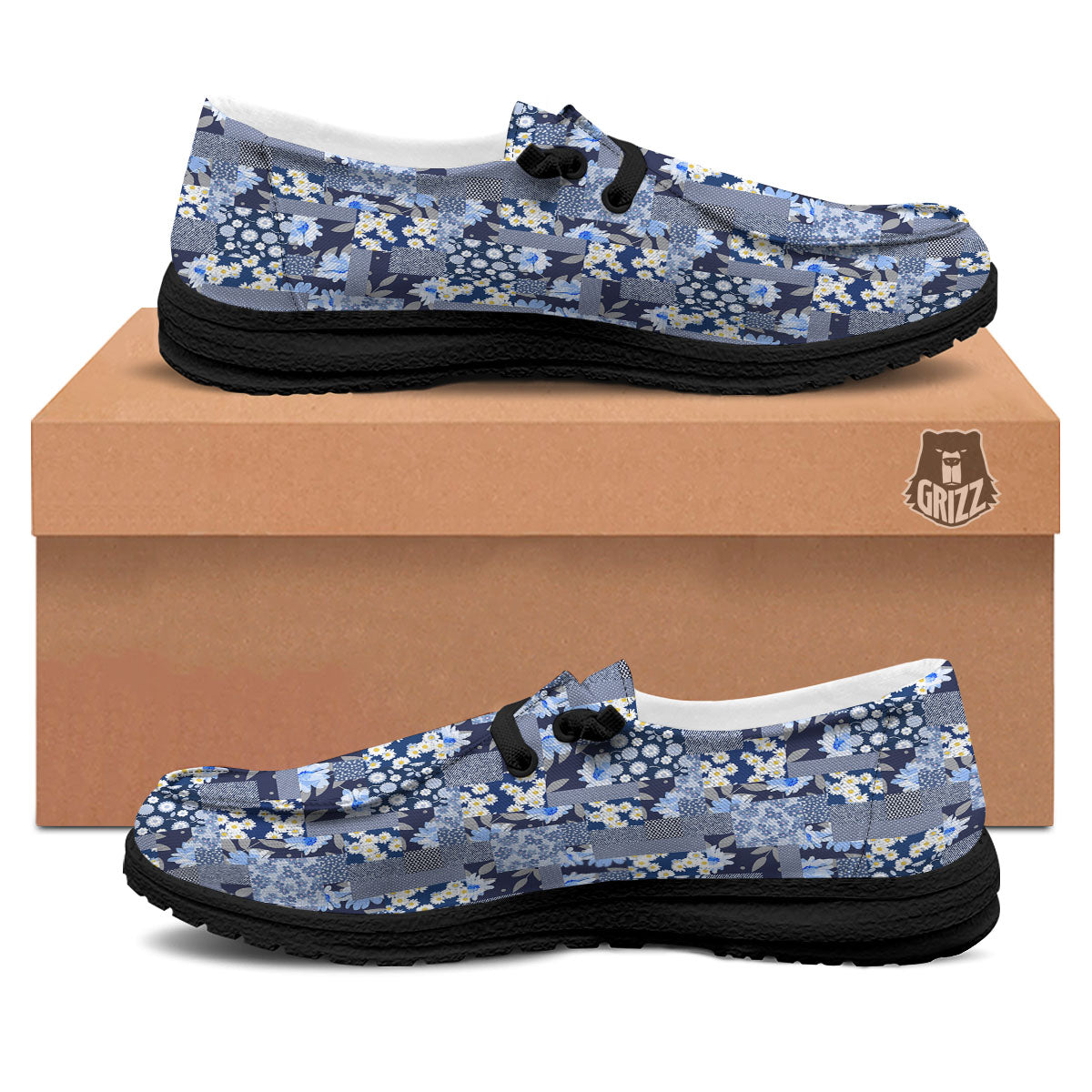 Patchwork Blue Floral Print Pattern Black Loafers-grizzshop